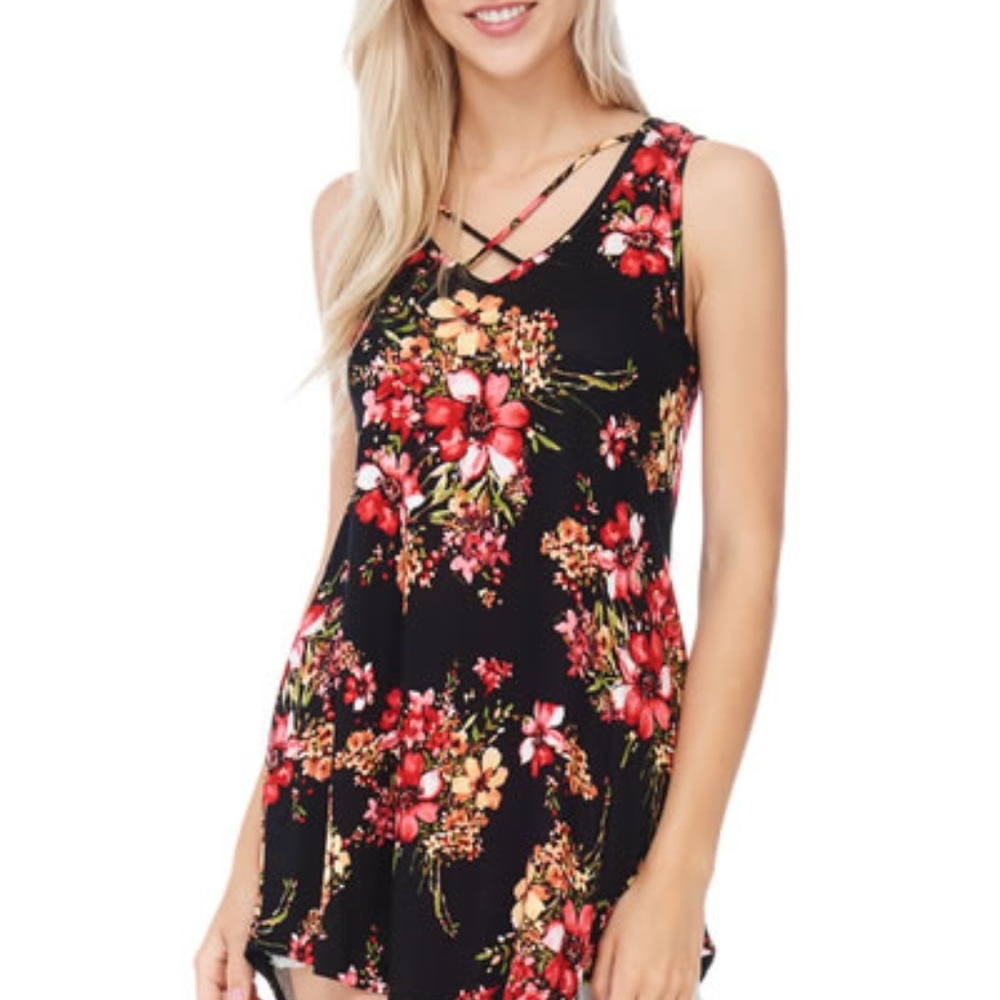 Black floral sleeveless tank top shirt